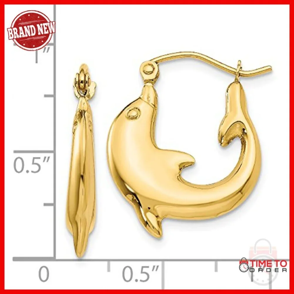 14K Yellow Gold Polished Dolphin Hoop Earrings for Women
